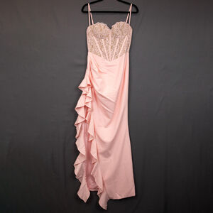 Miss Circle Junia pink lace corset ruffle hem maxi dress NWT-L